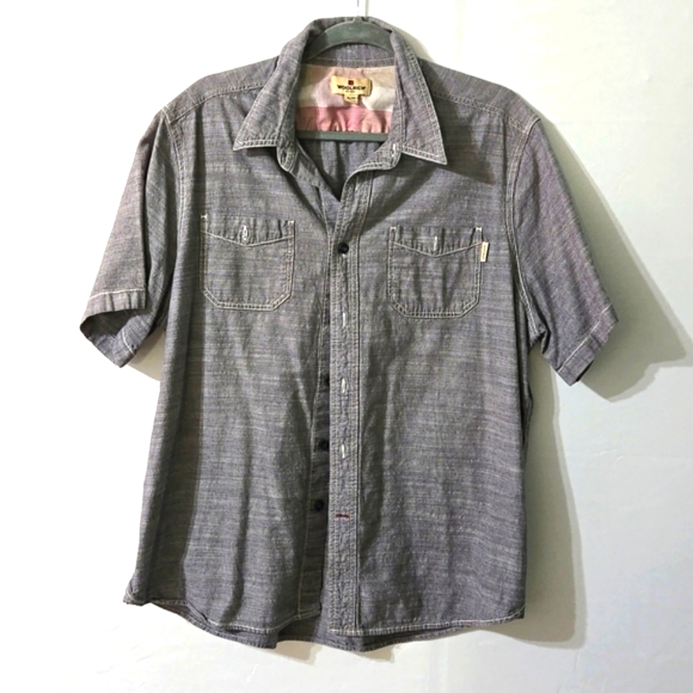 Woolrich Men's 2 pocket Chambray Short Sleeve Grey Button Down Shirt Sz XL